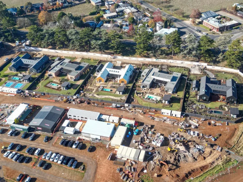 An aerial view of the five Block houses under construction in Daylesford