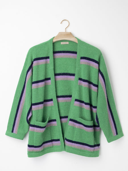 Tri-Colour Stripe Alpaca Cardigan in a relaxed oversized fit, crafted from a soft brushed alpaca blend with bold horizontal stripes, open front and front patch pockets.