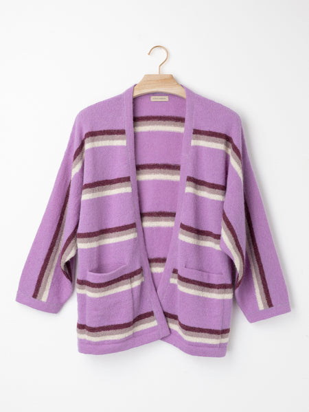 Tri-Colour Stripe Alpaca Cardigan in a relaxed oversized fit, crafted from a soft brushed alpaca blend with bold horizontal stripes, open front and front patch pockets.