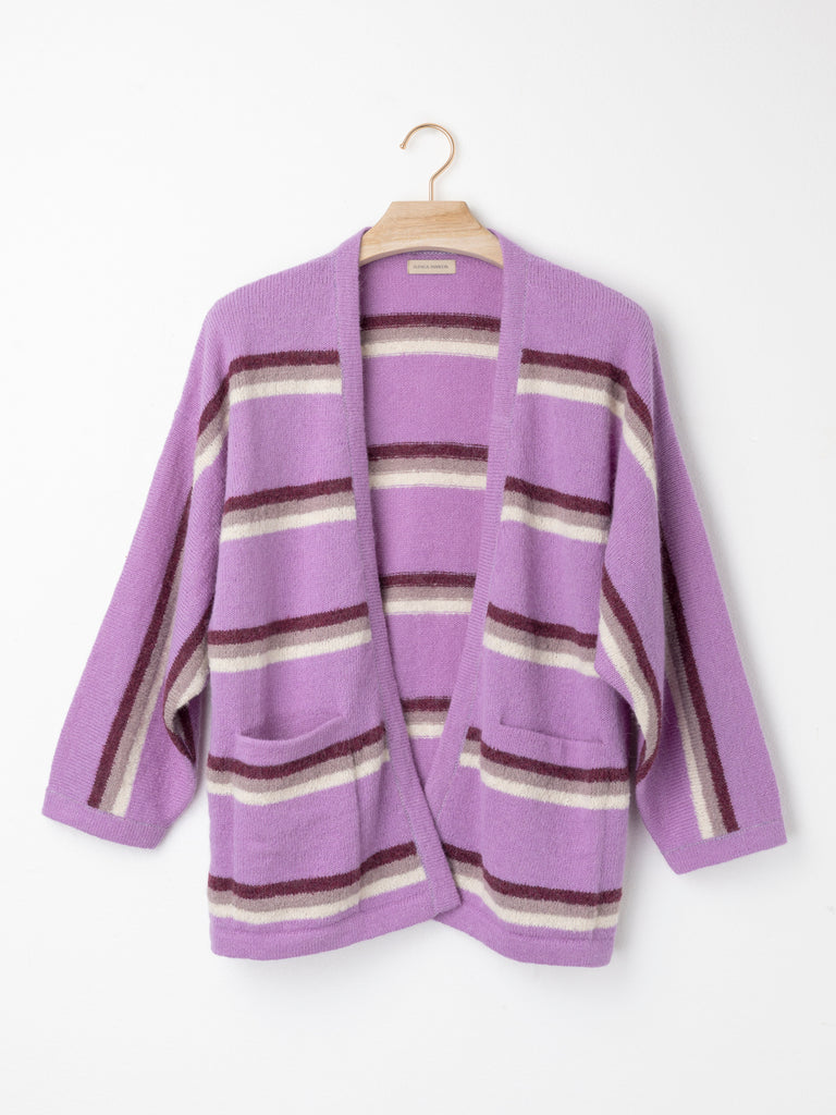 Tri-Colour Stripe Alpaca Cardigan in a relaxed oversized fit, crafted from a soft brushed alpaca blend with bold horizontal stripes, open front and front patch pockets.